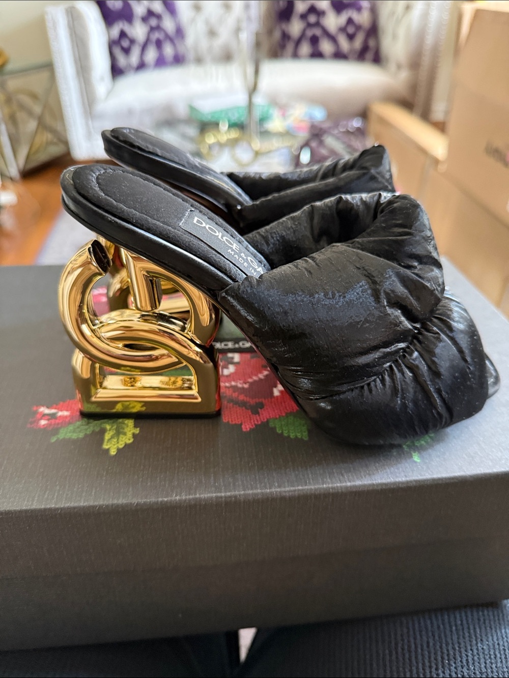 Dolce & Gabbana Black Quilted Slide Mules with Gold Sculptural Heel
